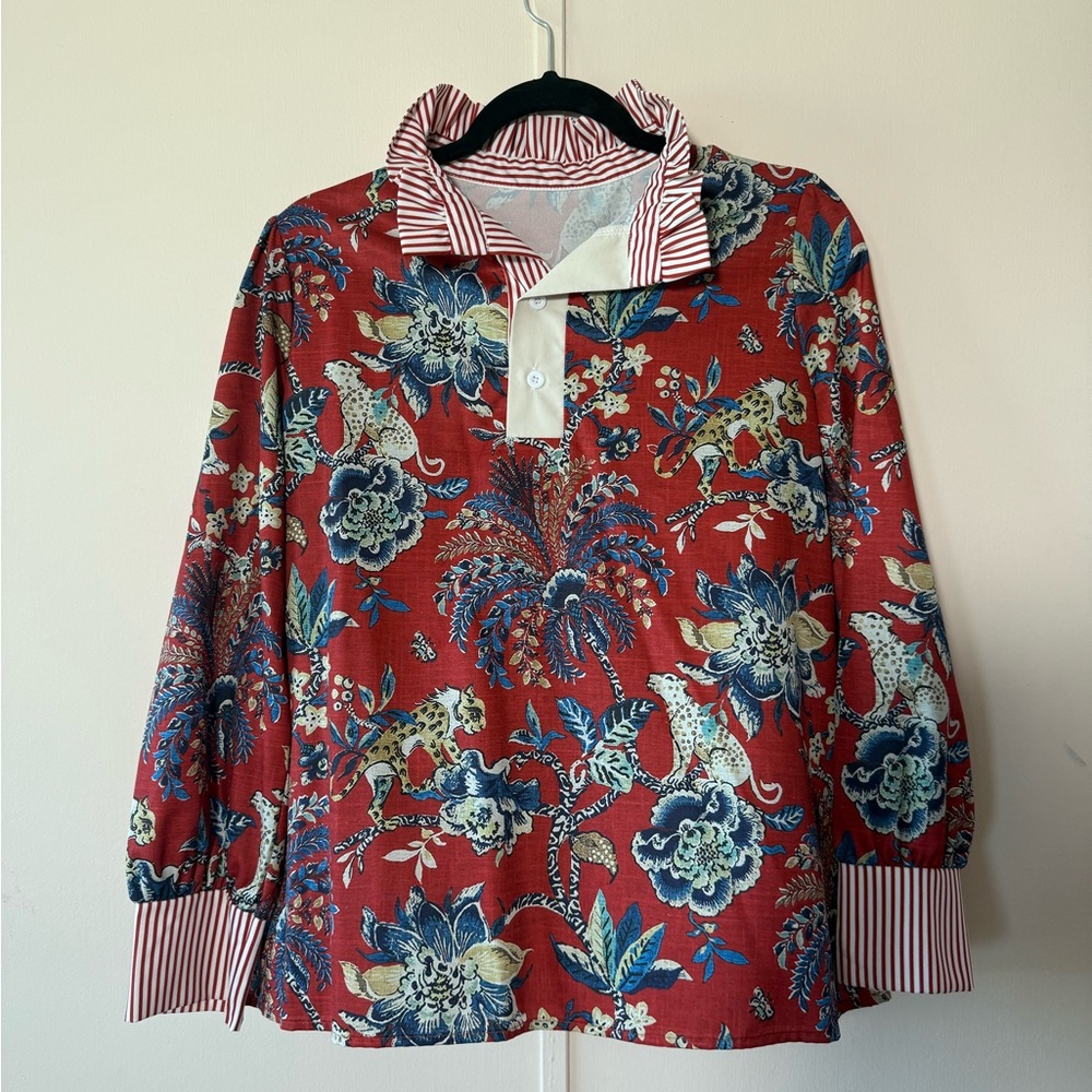 Vibrant Floral Blouse with Striped Collar